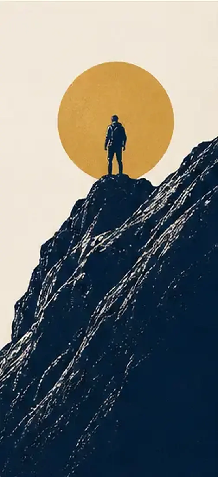 A lone climber standing on a rugged mountain ridge against a gold sun